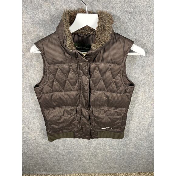 Women's Small‎ Eddie Bauer Premium Goose Down Vest Puffer Quilted Faux Fur Trim - Picture 3 of 11